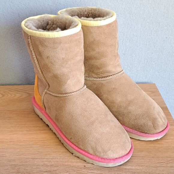 UGG Shoes - UGG Womens 6 Kids 5 37 Classic Short II Boots Tan Pink Orange Colorblock Neon